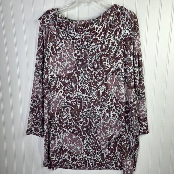 Chicos Zenergy Tunic Top Womens Large 2 Red Paisley Cowl Neck Stretch Boho Artsy - Picture 6 of 9